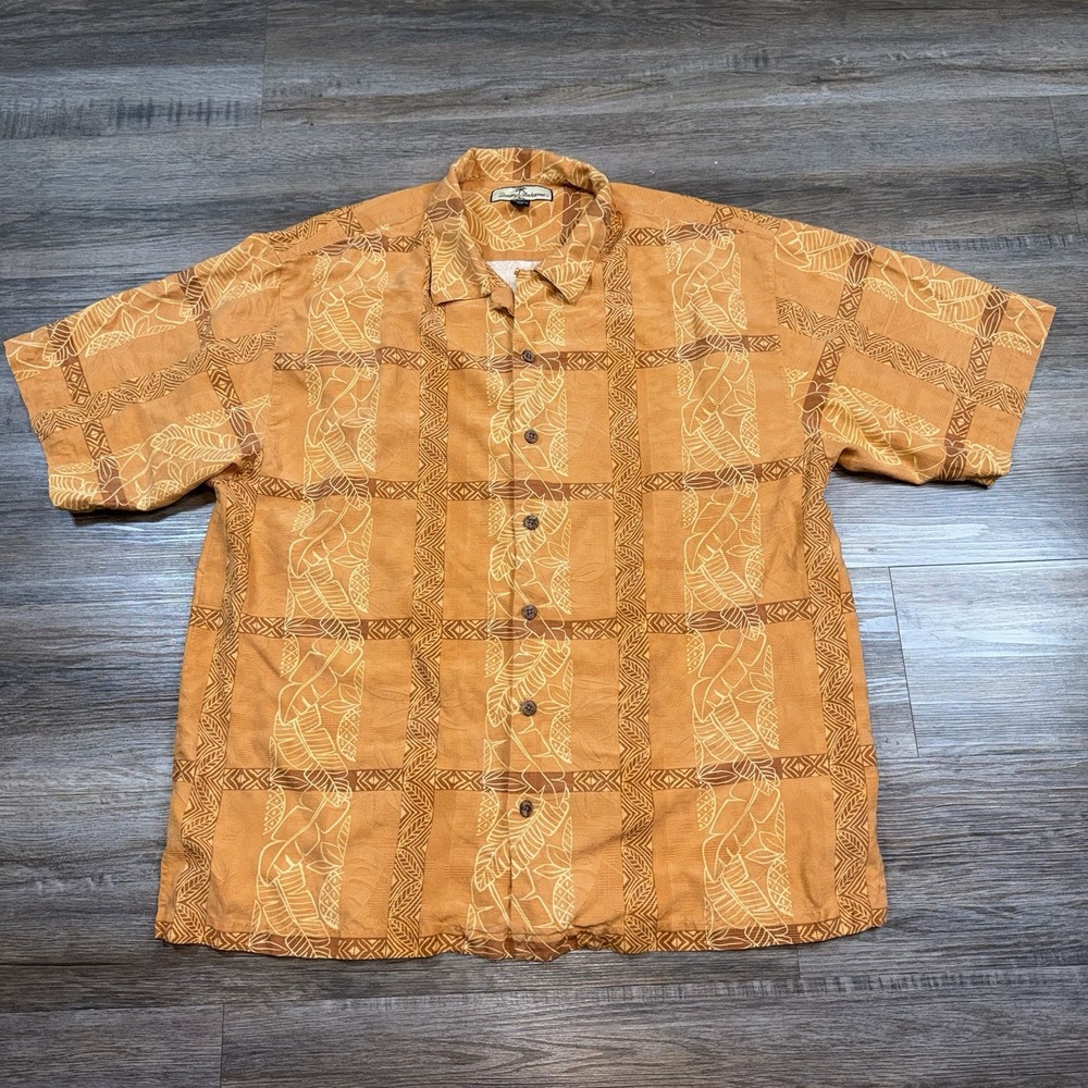 Tommy Bahama Shirt Mens XL Orange Floral Hawaiian Print 100% Silk Geometric